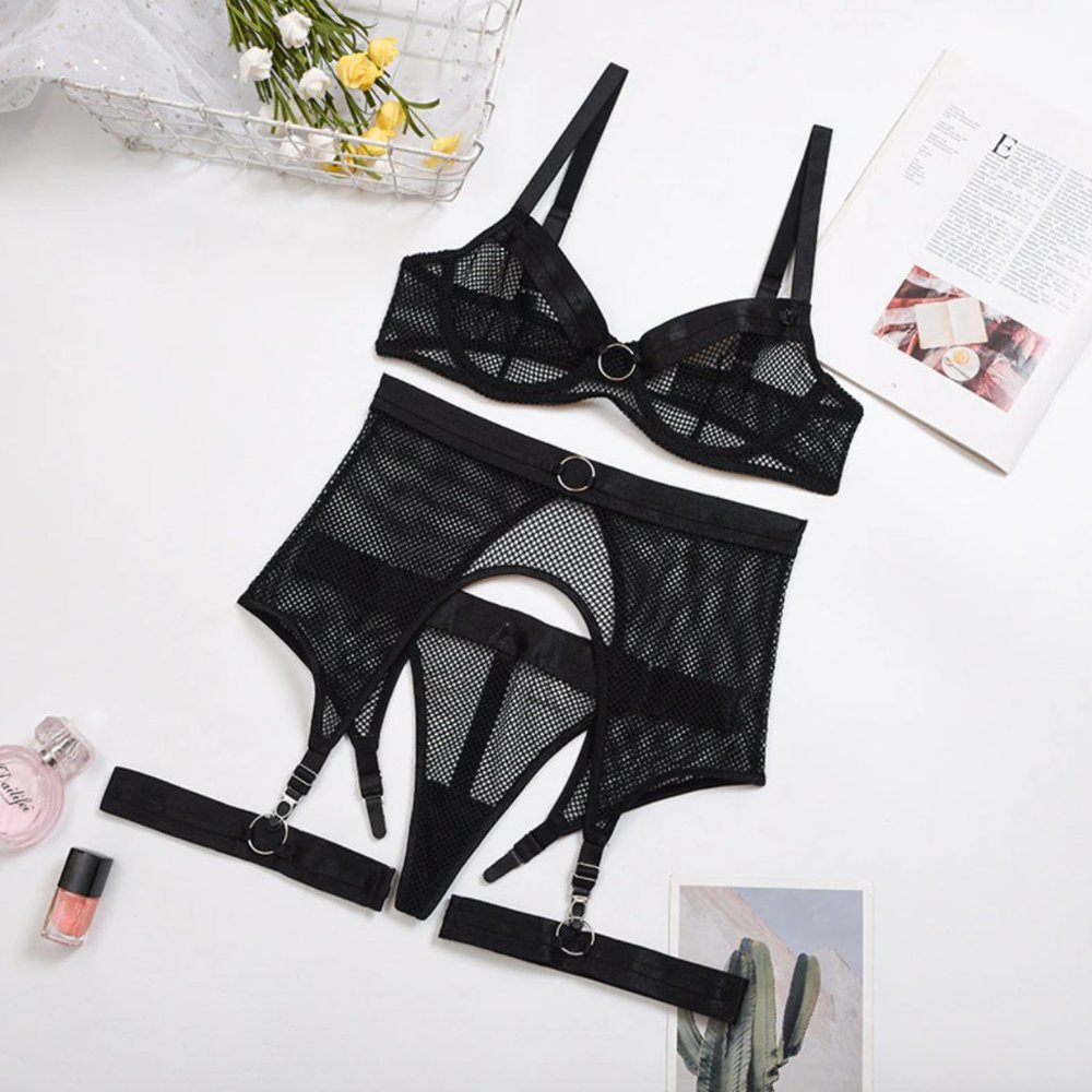 Small Cutout Mesh Transparent 4 Piece Garter Strap Bra Thong Choker Lingerie Set - Picture 6 of 6